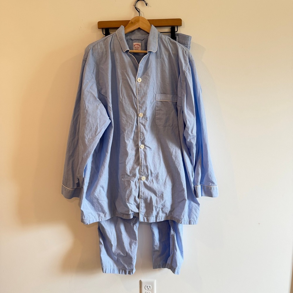Brooks Brothers Mens XL Blue Cotton Pajama Set Long Sleeve Button Up Pants
